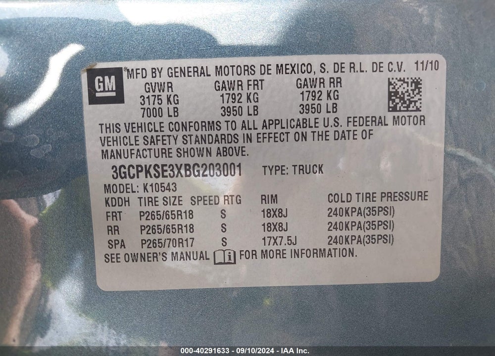 2011 CHEVROLET SILVERADO 1500 LT VIN: 3GCPKSE3XBG203001