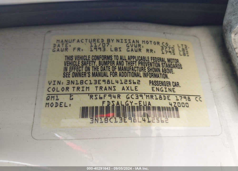 2008 NISSAN VERSA 1.8S/1.8SL VIN: 3N1BC13E98L412562