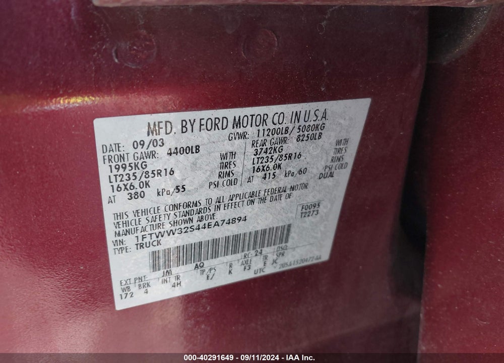 2004 FORD F-350 LARIAT/XL/XLT VIN: 1FTWW32S44EA74894