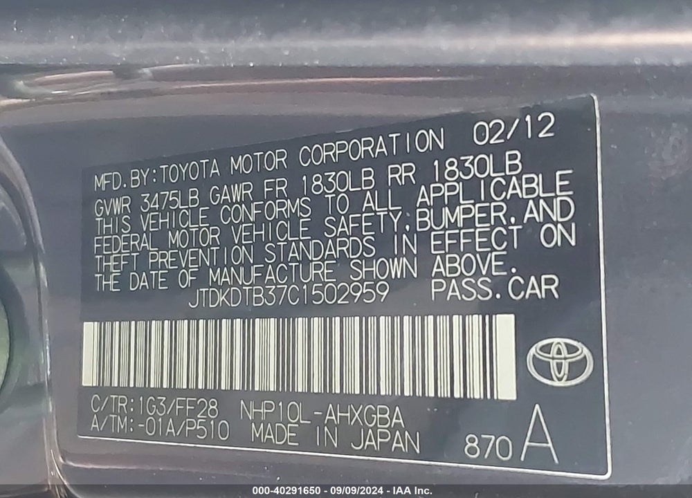 2012 TOYOTA PRIUS C THREE VIN: JTDKDTB37C1502959