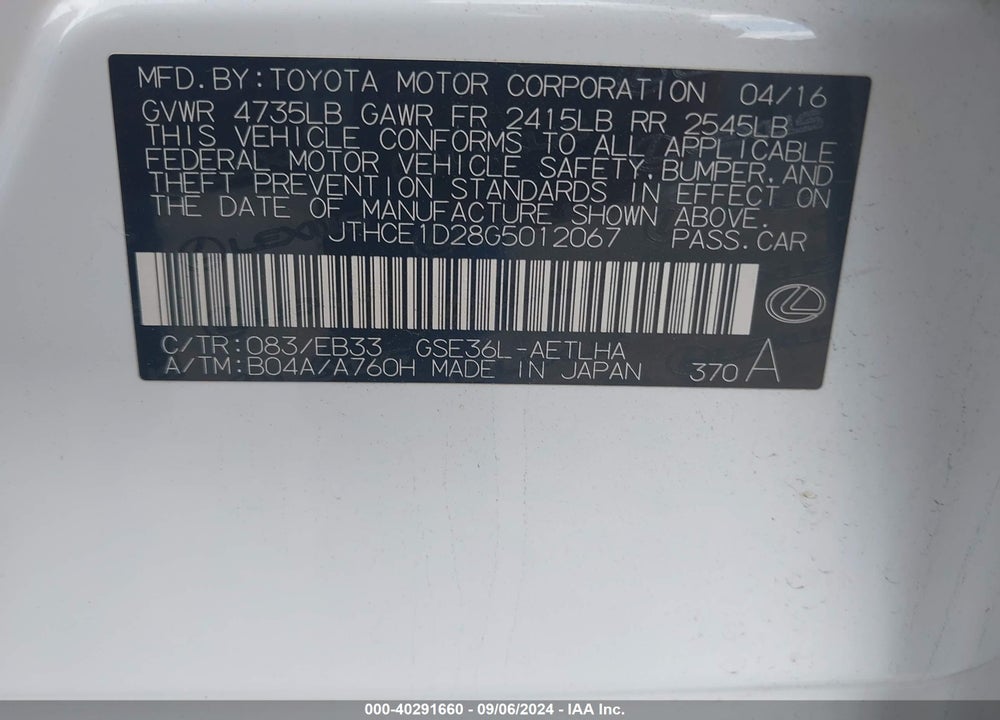 2016 LEXUS IS 350 VIN: JTHCE1D28G5012067