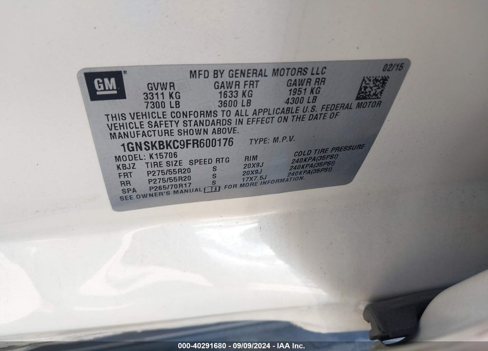 2015 CHEVROLET TAHOE LT VIN: 1GNSKBKC9FR600176