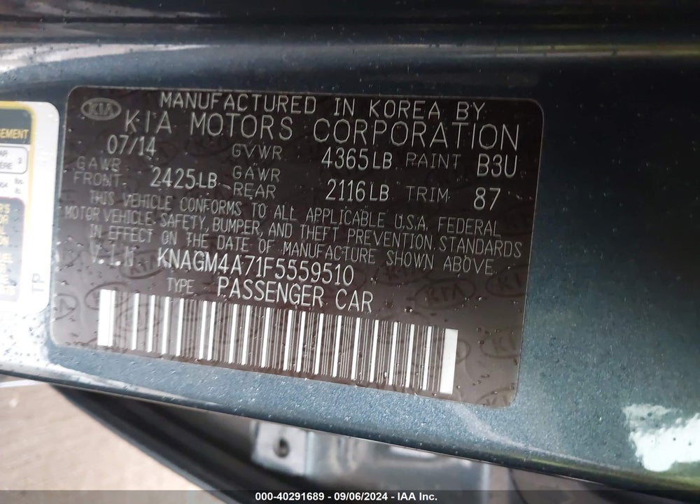 2015 KIA OPTIMA VIN: KNAGM4A71F5559510
