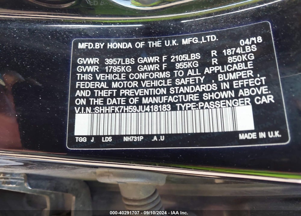 2018 HONDA CIVIC EX VIN: SHHFK7H59JU418183