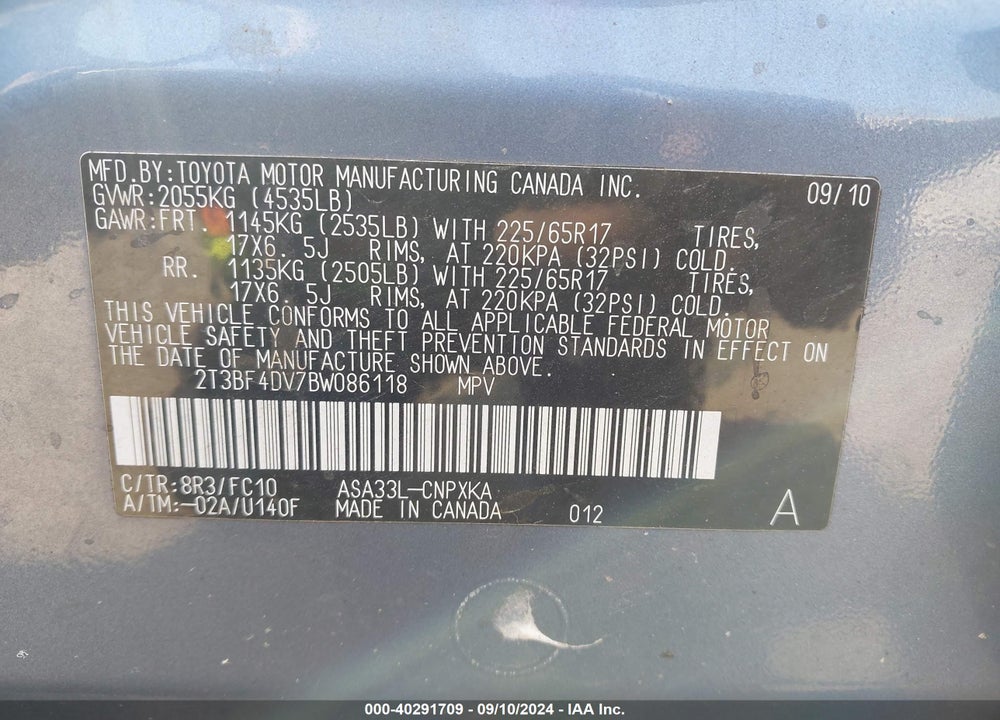 2011 TOYOTA RAV4 VIN: 2T3BF4DV7BW086118