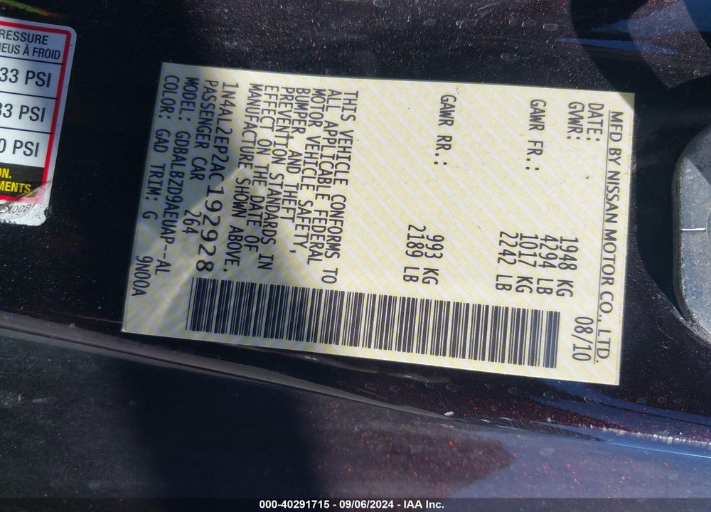 2010 NISSAN ALTIMA 2.5 S VIN: 1N4AL2EP2AC192928