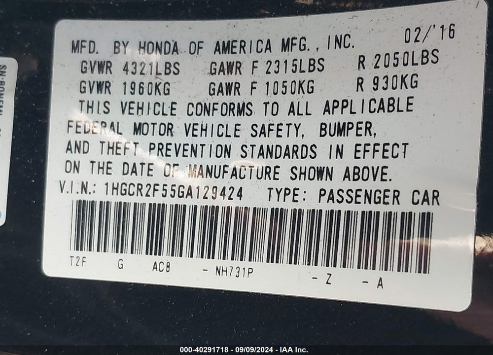 2016 HONDA ACCORD SPORT VIN: 1HGCR2F55GA129424