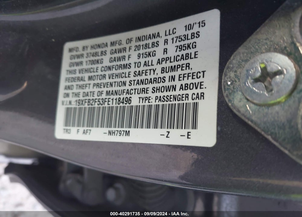 2015 HONDA CIVIC LX VIN: 19XFB2F53FE118496