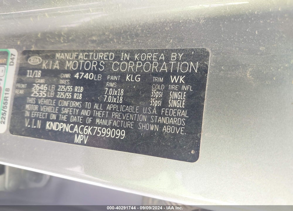 2019 KIA SPORTAGE EX VIN: KNDPNCAC6K7599099