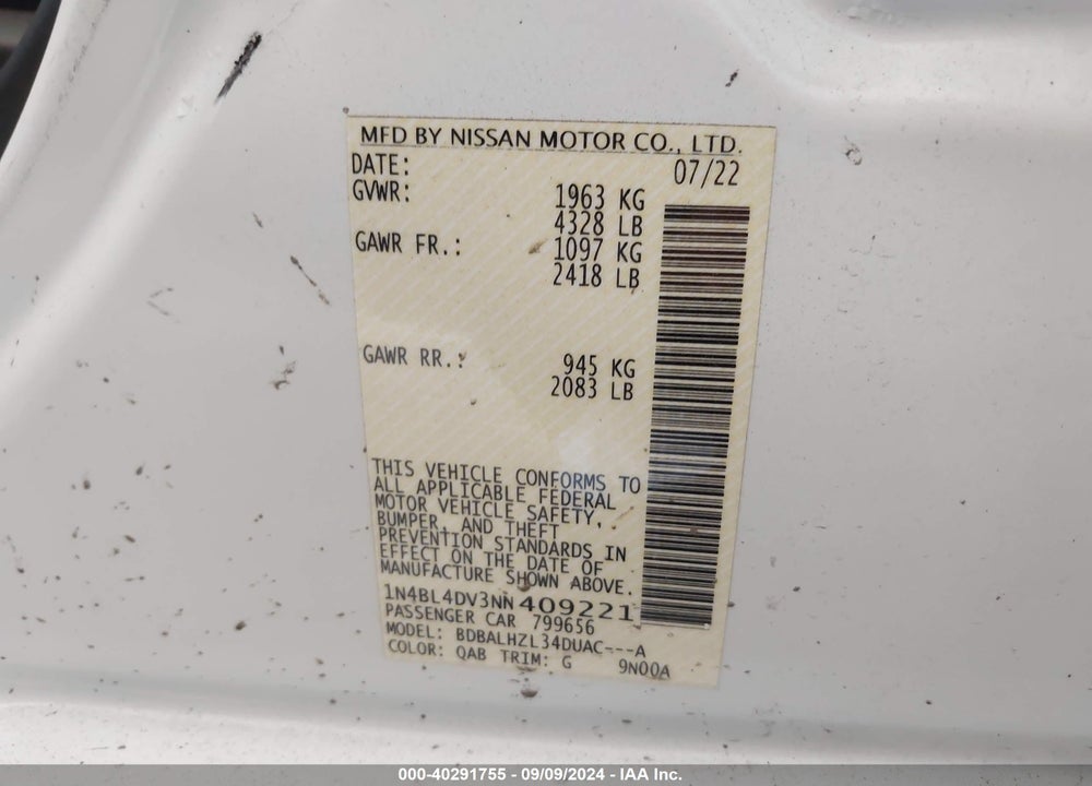 2022 NISSAN ALTIMA SV FWD VIN: 1N4BL4DV3NN409221