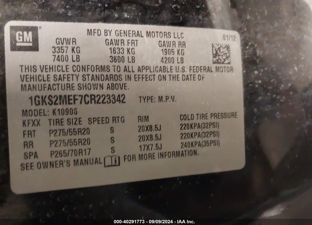 2012 GMC YUKON XL 1500 DENALI VIN: 1GKS2MEF7CR223342