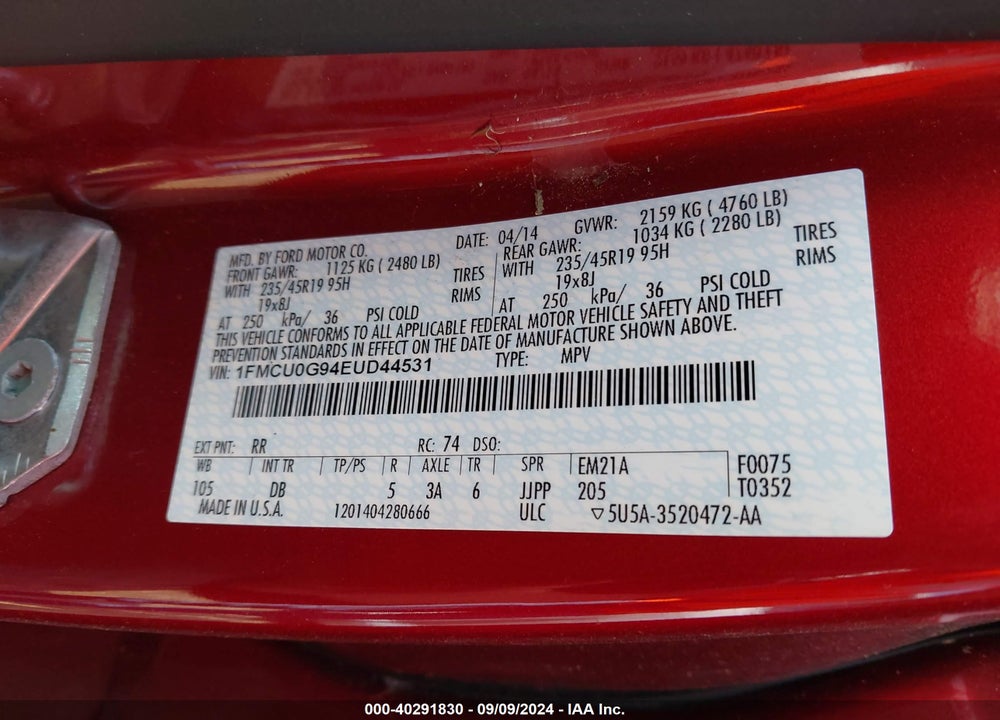 2014 FORD ESCAPE SE VIN: 1FMCU0G94EUD44531