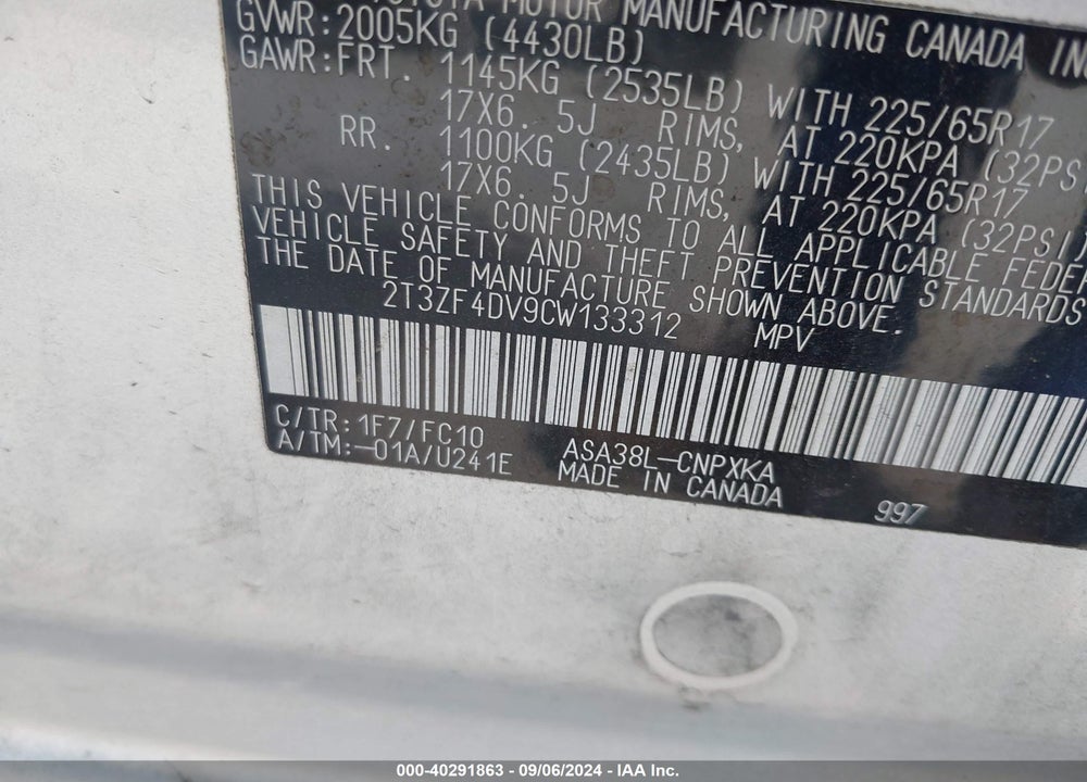 2012 TOYOTA RAV4 VIN: 2T3ZF4DV9CW133312