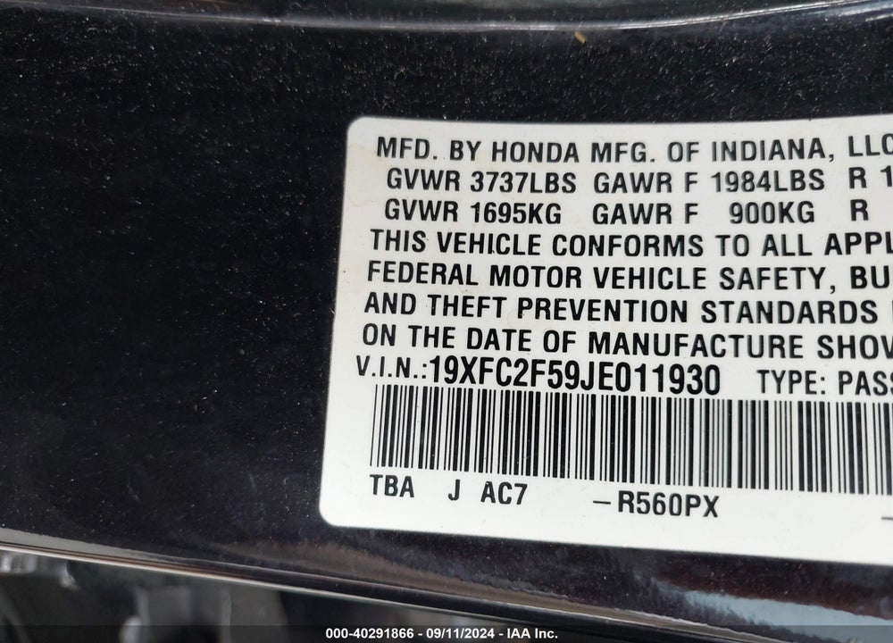 2018 HONDA CIVIC LX VIN: 19XFC2F59JE011930
