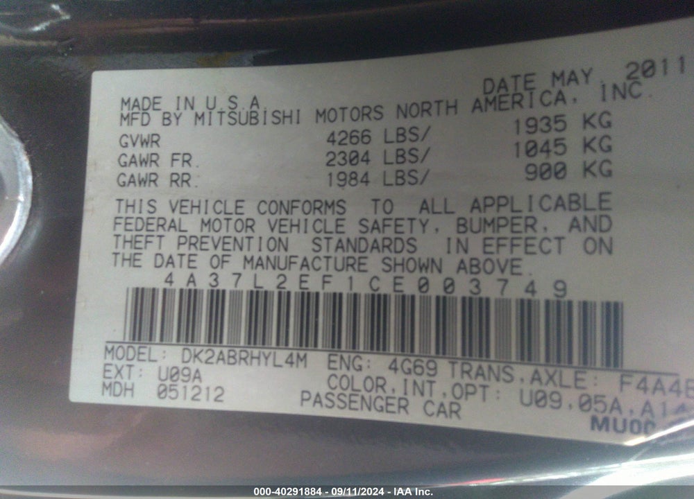 2012 MITSUBISHI ECLIPSE SPYDER GS SPORT VIN: 4A37L2EF1CE003749