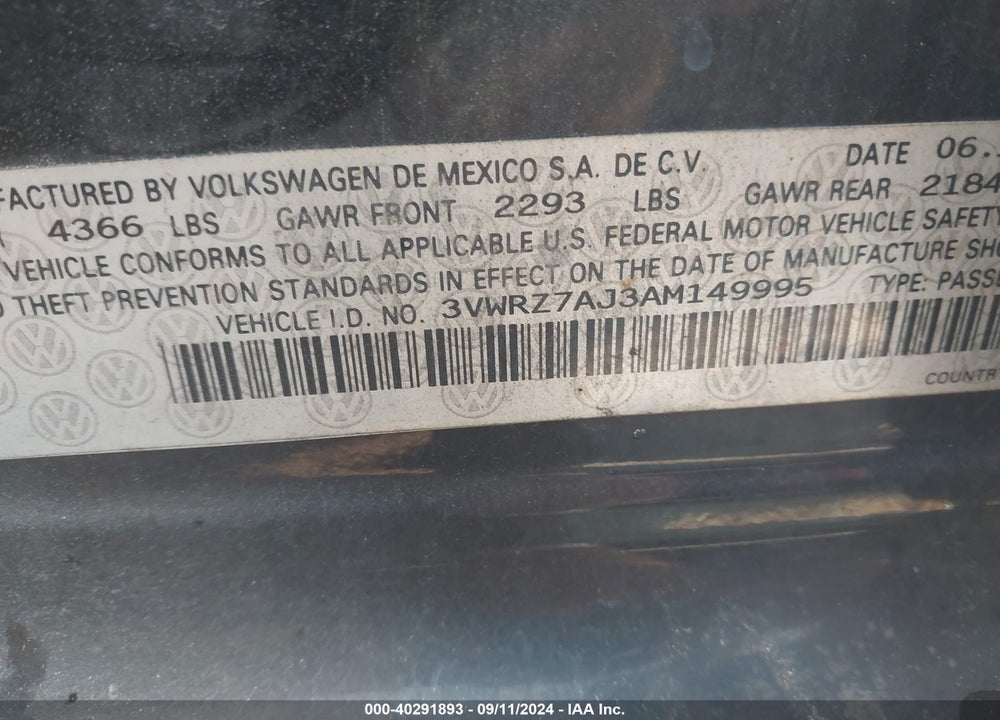 2010 VOLKSWAGEN JETTA LIMITED EDITION VIN: 3VWRZ7AJ3AM149995