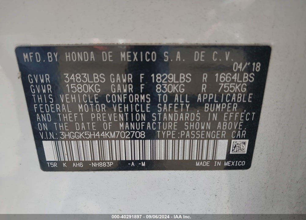 2019 HONDA FIT LX VIN: 3HGGK5H44KM702708