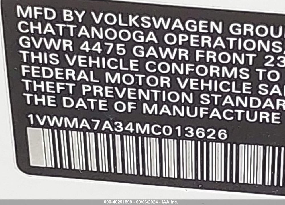 2021 VOLKSWAGEN PASSAT 2.0T R-LINE VIN: 1VWMA7A34MC013626