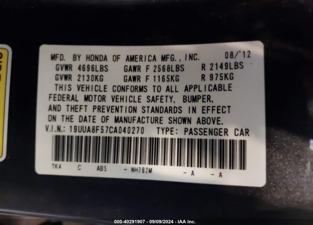 2012 ACURA TL 3.5 VIN: 19UUA8F57CA040270