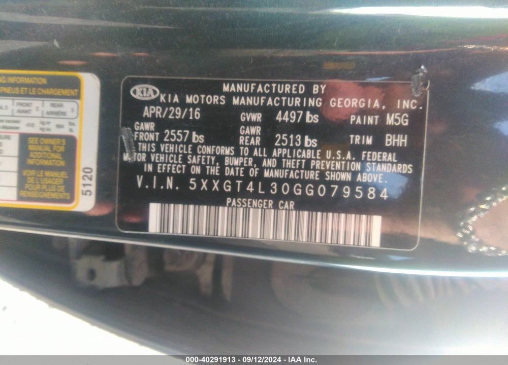 2016 KIA OPTIMA LX VIN: 5XXGT4L30GG079584