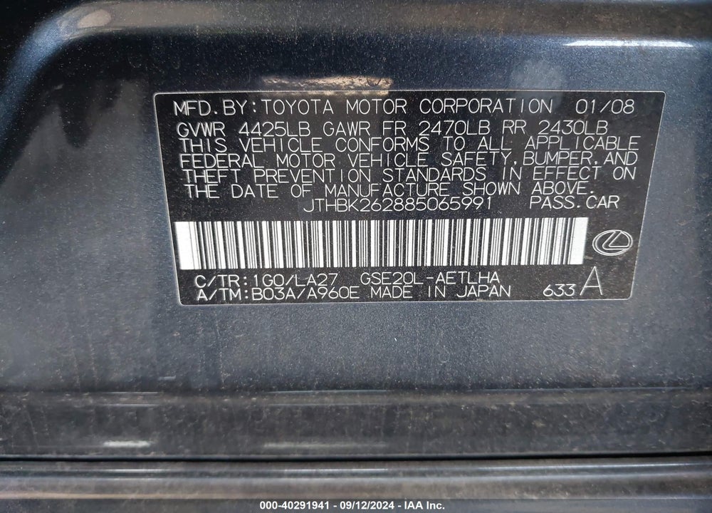 2008 LEXUS IS 250 VIN: JTHBK262885065991