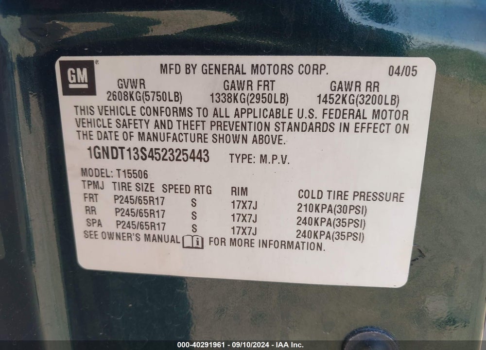 2005 CHEVROLET TRAILBLAZER LS VIN: 1GNDT13S452325443