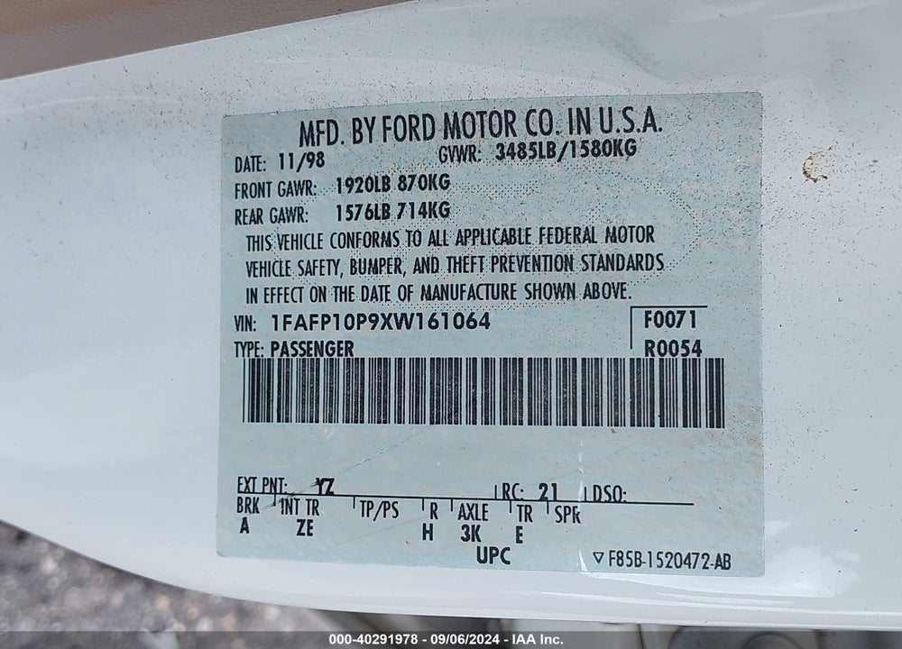 1999 FORD ESCORT LX VIN: 1FAFP10P9XW161064