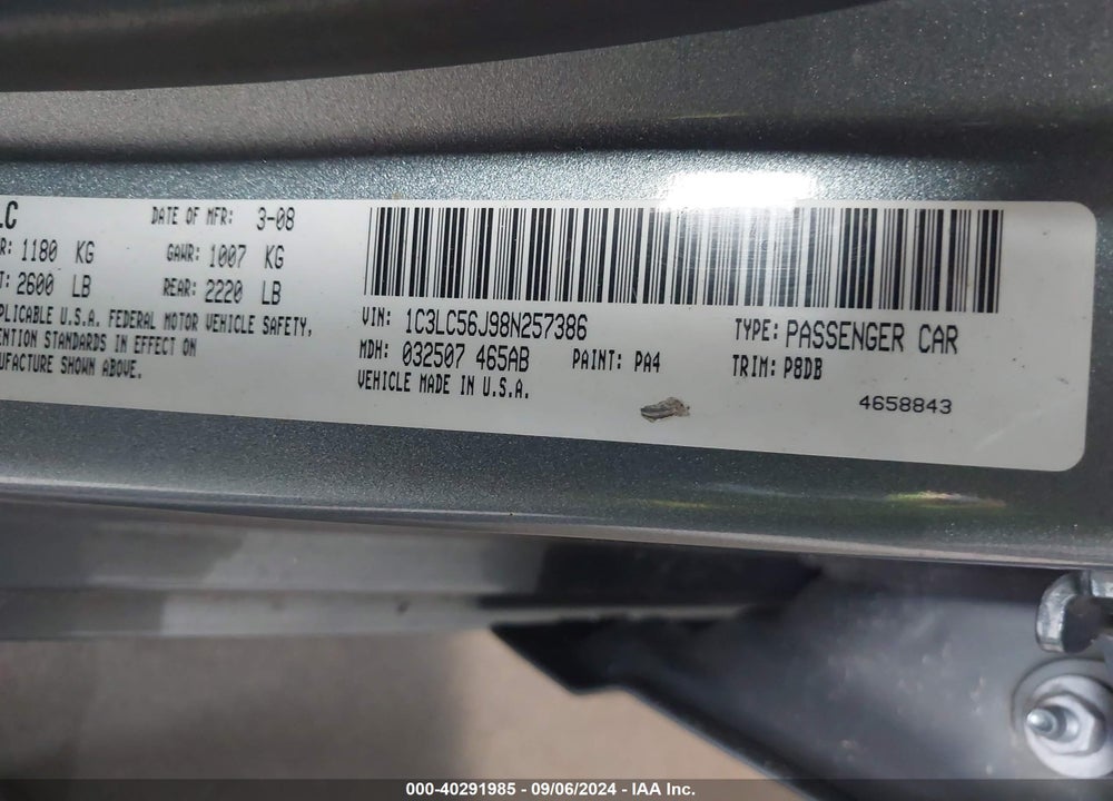 2008 CHRYSLER SEBRING TOURING VIN: 1C3LC56J98N257386