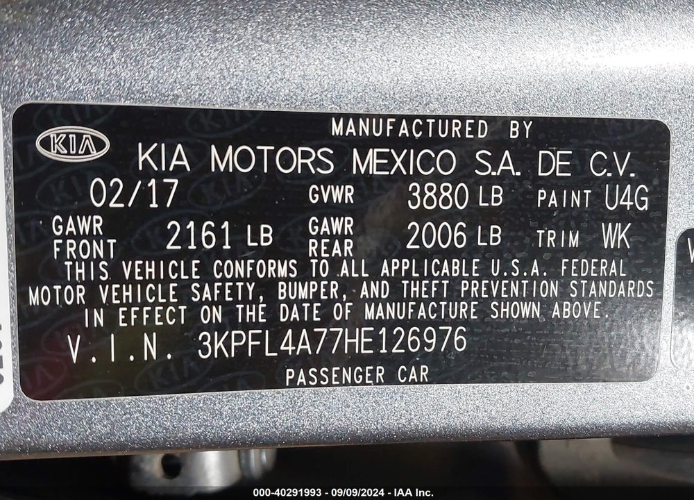 2017 KIA FORTE S VIN: 3KPFL4A77HE126976