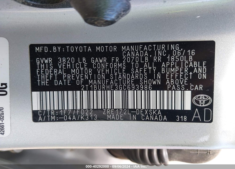 2016 TOYOTA COROLLA S VIN: 2T1BURHE3GC693986
