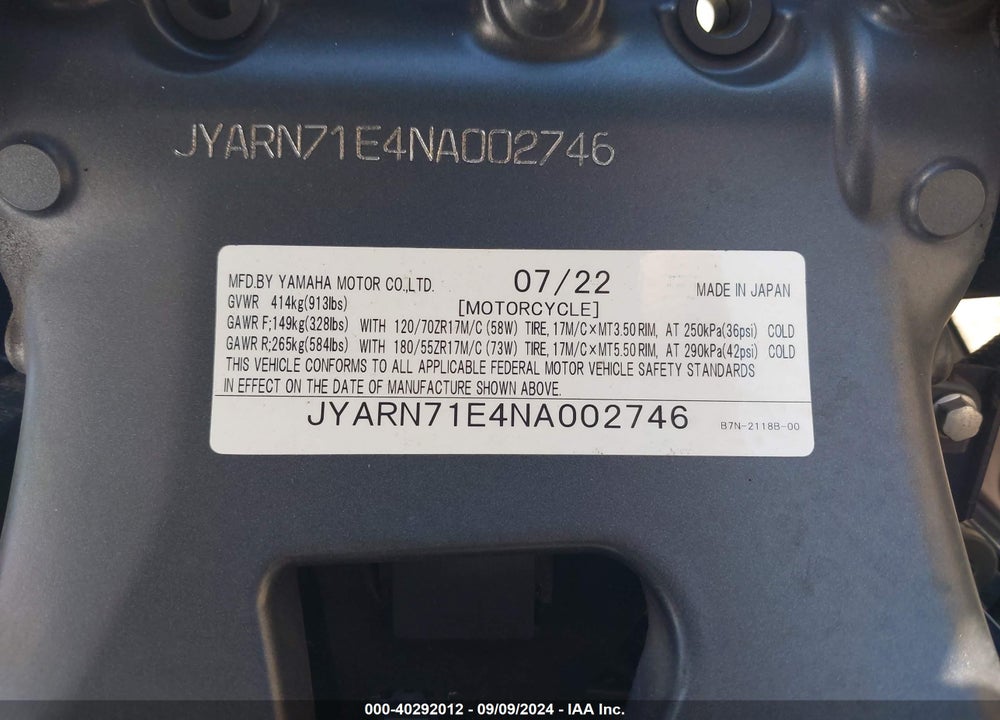 2022 YAMAHA MT09 VIN: JYARN71E4NA002746