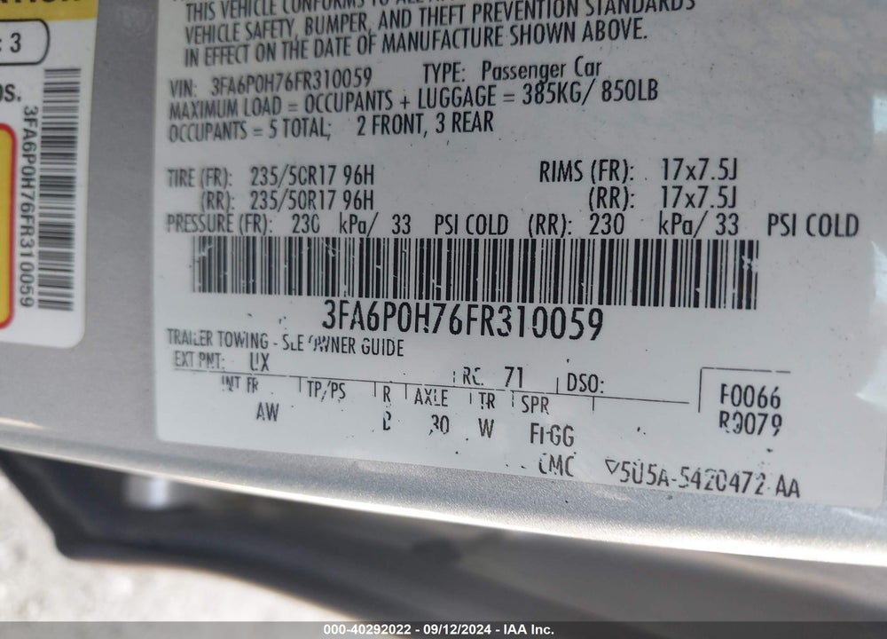 2015 FORD FUSION SE VIN: 3FA6P0H76FR310059