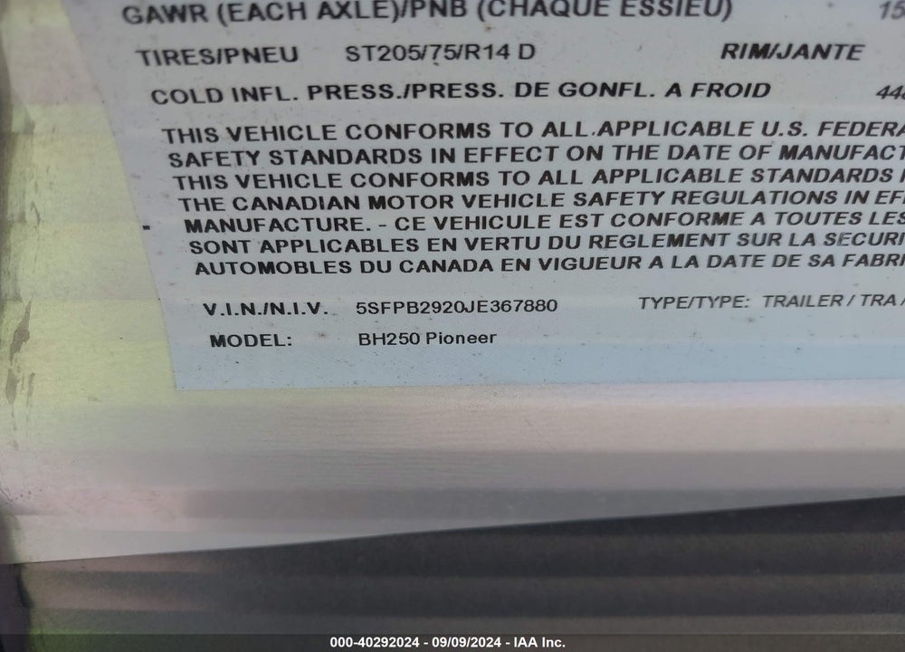 2018 HEARTLAND RV PIONEER VIN: 5SFPB2920JE367880