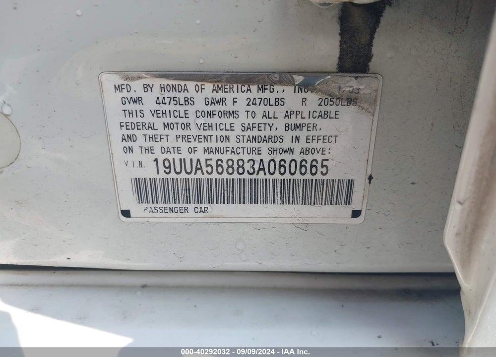 2003 ACURA TL 3.2 TYPE S VIN: 19UUA56883A060665