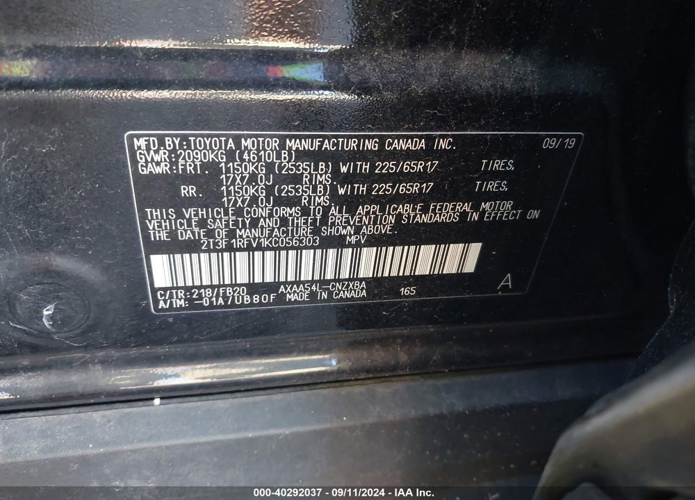 2019 TOYOTA RAV4 LE VIN: 2T3F1RFV1KC056303