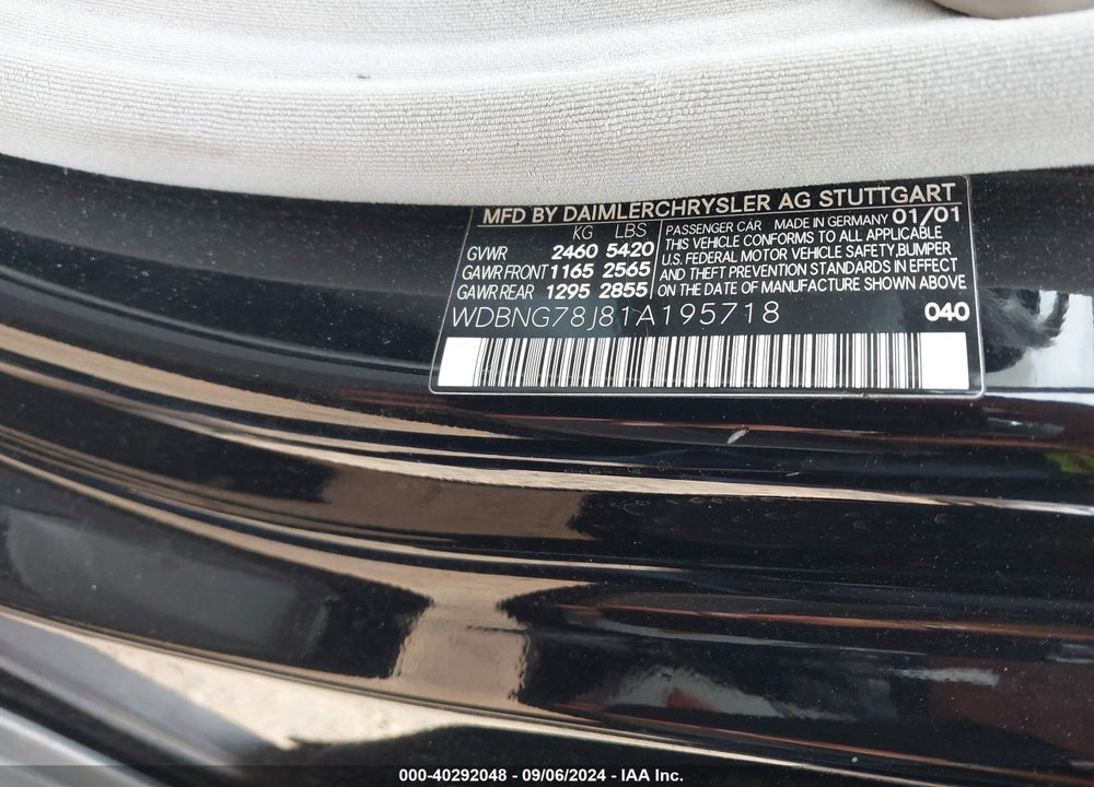 2001 MERCEDES-BENZ S-CLASS BASE A5 VIN: WDBNG78J81A195718