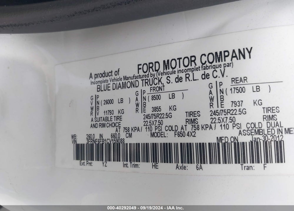 2012 FORD F-650 XL/XLT VIN: 3FRNF6FB1CV159088