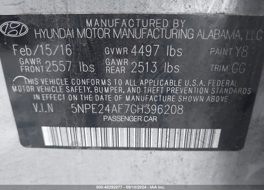 2016 HYUNDAI SONATA VIN: 5NPE24AF7GH396208