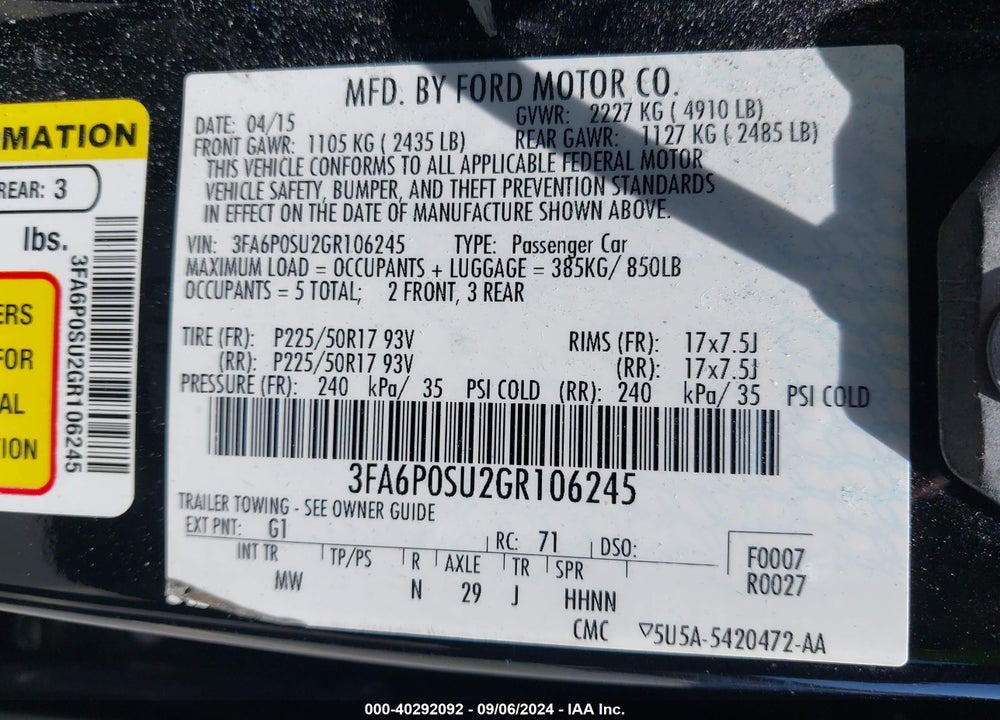 2016 FORD FUSION ENERGI TITANIUM VIN: 3FA6P0SU2GR106245