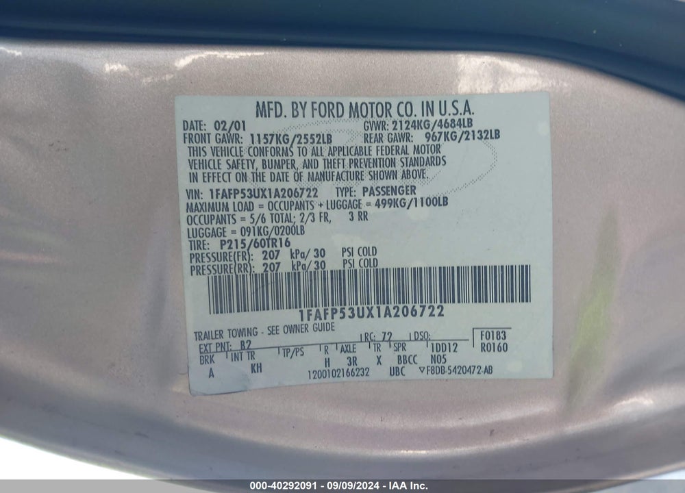 2001 FORD TAURUS SE VIN: 1FAFP53UX1A206722