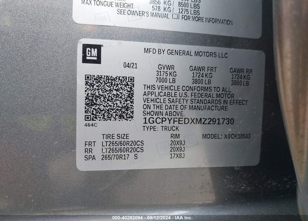 2021 CHEVROLET SILVERADO 1500 4WD SHORT BED LT TRAIL BOSS VIN: 1GCPYFEDXMZ291730