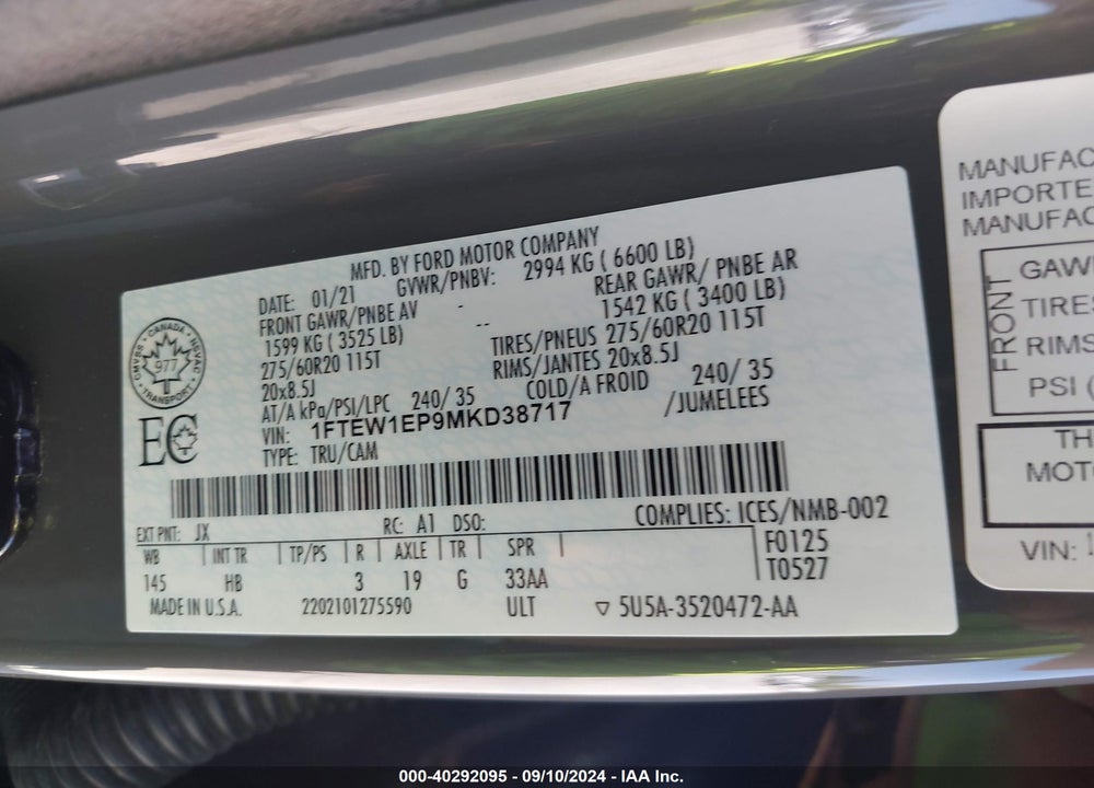 2021 FORD F-150 LARIAT VIN: 1FTEW1EP9MKD38717