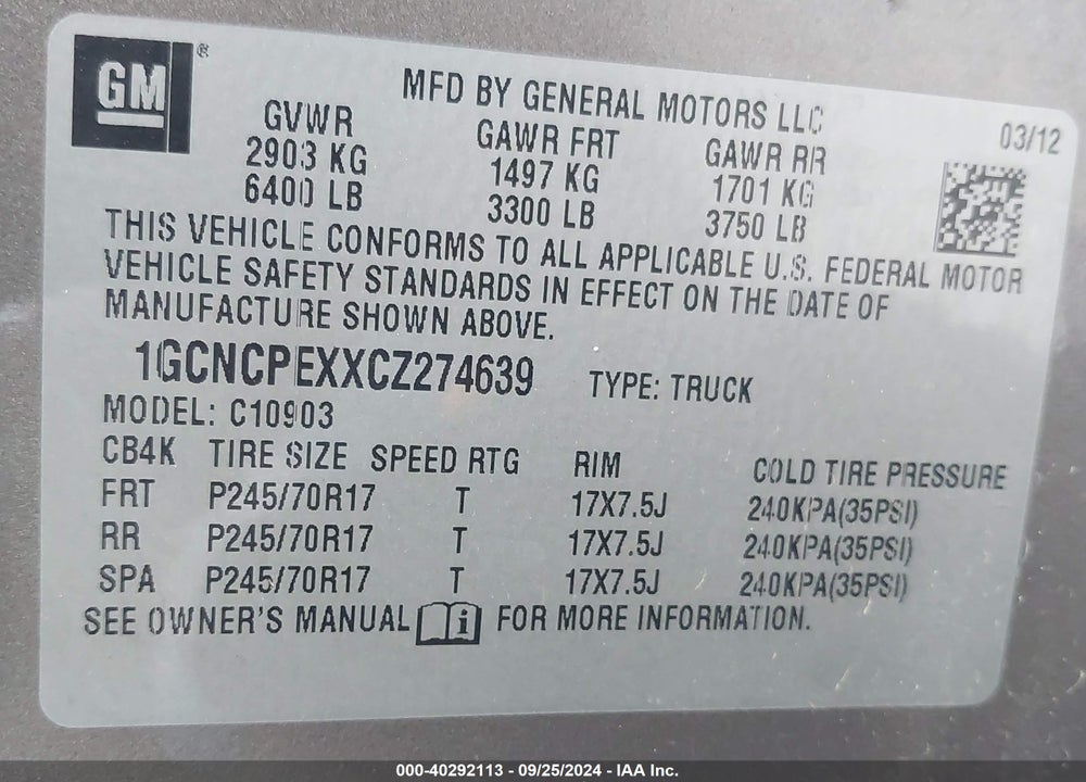 2012 CHEVROLET SILVERADO 1500 WORK TRUCK VIN: 1GCNCPEXXCZ274639