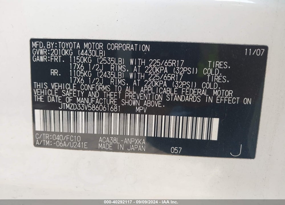 2008 TOYOTA RAV4 VIN: JTMZD33V586061681
