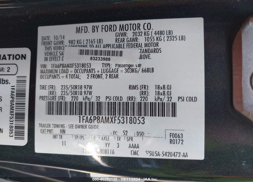 2015 FORD MUSTANG V6 VIN: 1FA6P8AMXF5318053