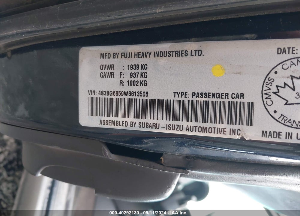 1998 SUBARU LEGACY OUTBACK/OUTBACK LIMITED/OUTBACK SPORT VIN: 4S3BG6859W6613506