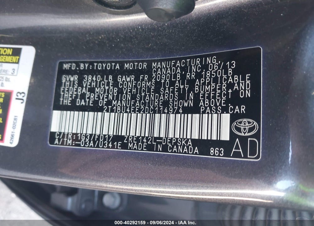2013 TOYOTA COROLLA S VIN: 2T1BU4EE2DC114974