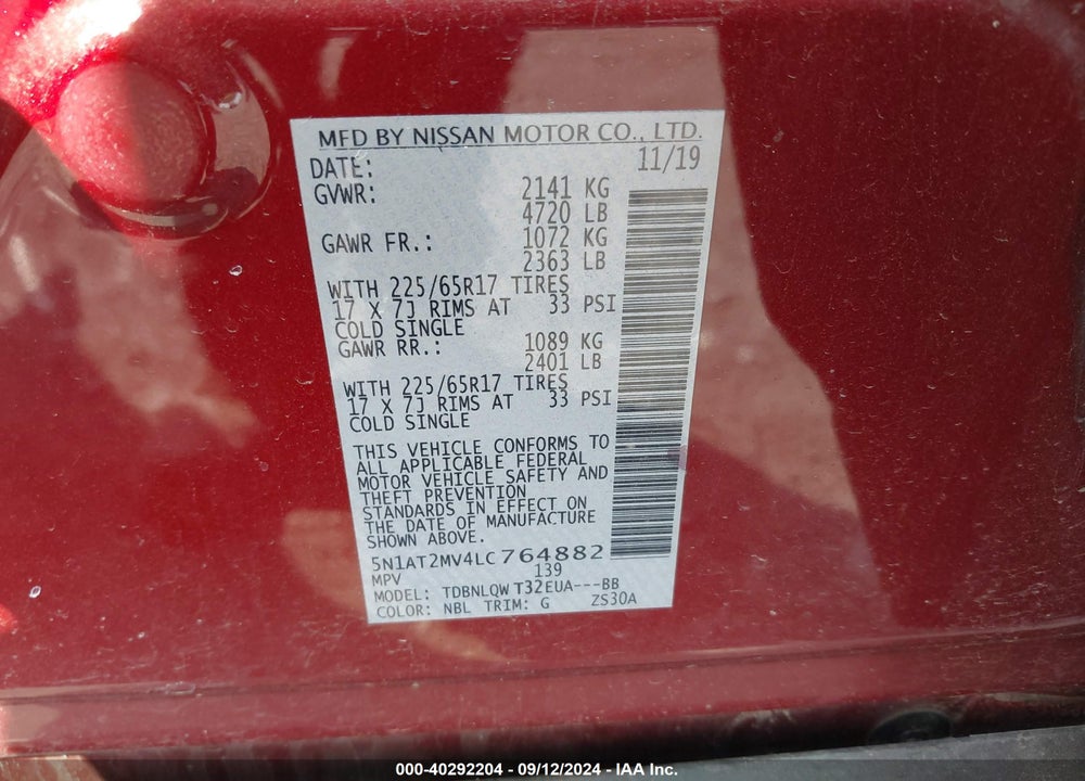 2020 NISSAN ROGUE SV INTELLIGENT AWD VIN: 5N1AT2MV4LC764882