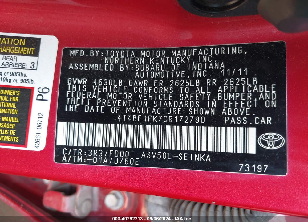 2012 TOYOTA CAMRY LE VIN: 4T4BF1FK7CR172790