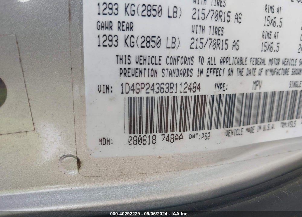 2003 DODGE GRAND CARAVAN SE VIN: 1D4GP24363B112484